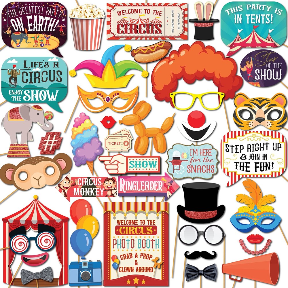 Carnival Photo Booth Props – 41-pc Photobooth Kit with 8 x 10-Inch Sign, 60 A…
