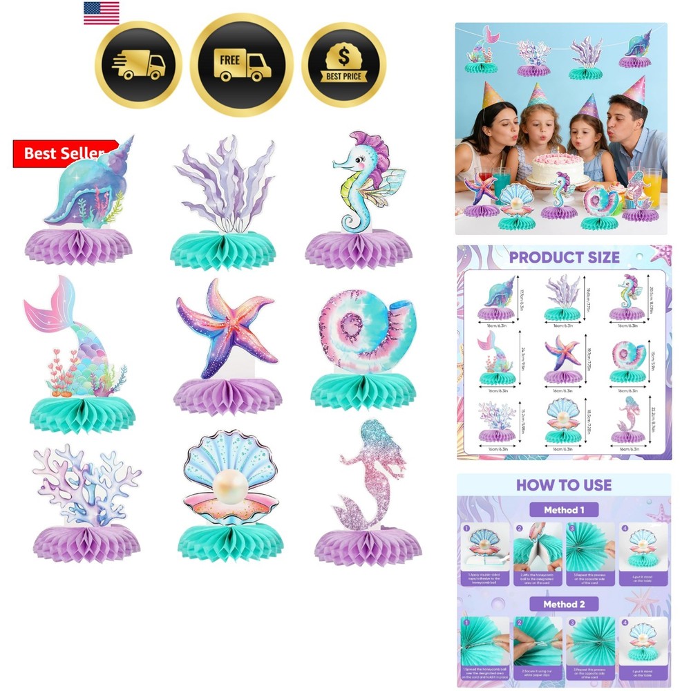 9 Pcs Mermaid Theme Birthday Party Decorations, 3D Double Sided Honeycomb Cen…