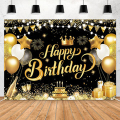 7X5Ft Happy Birthday Backdrop Banner – Black Gold Glitter Balloon Theme