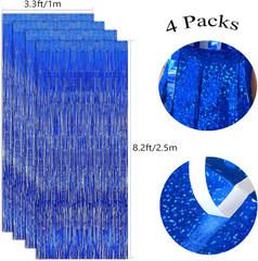 4 Pack Blue Fringe Backdrop 12.8X8.2 Feet Sparkle Metallic Tinsel Foil Fringe Cu