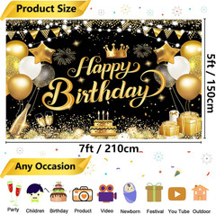 7X5Ft Happy Birthday Backdrop Banner – Black Gold Glitter Balloon Theme