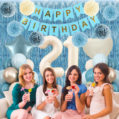 Dusty Blue 21St Birthday Decorations for Him Her Beige Cream Number 21 Balloon B
