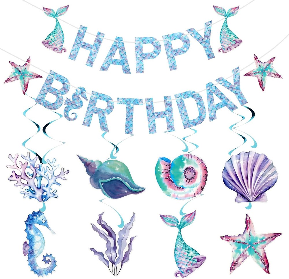 Happy Birthday Banner,Mermaid Party Theme Decorations Sets with Banner Blue