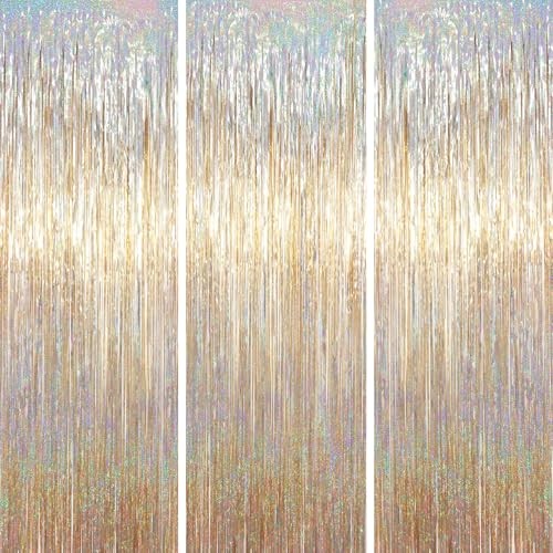 .x 6.6 ft Foil Fringe Backdrop Curtains, Tinsel Streamers Party 3 Champagne