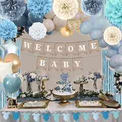Dusty Blue Baby Shower Decorations- Boy Baby Shower Decor Set with- Welcome Baby