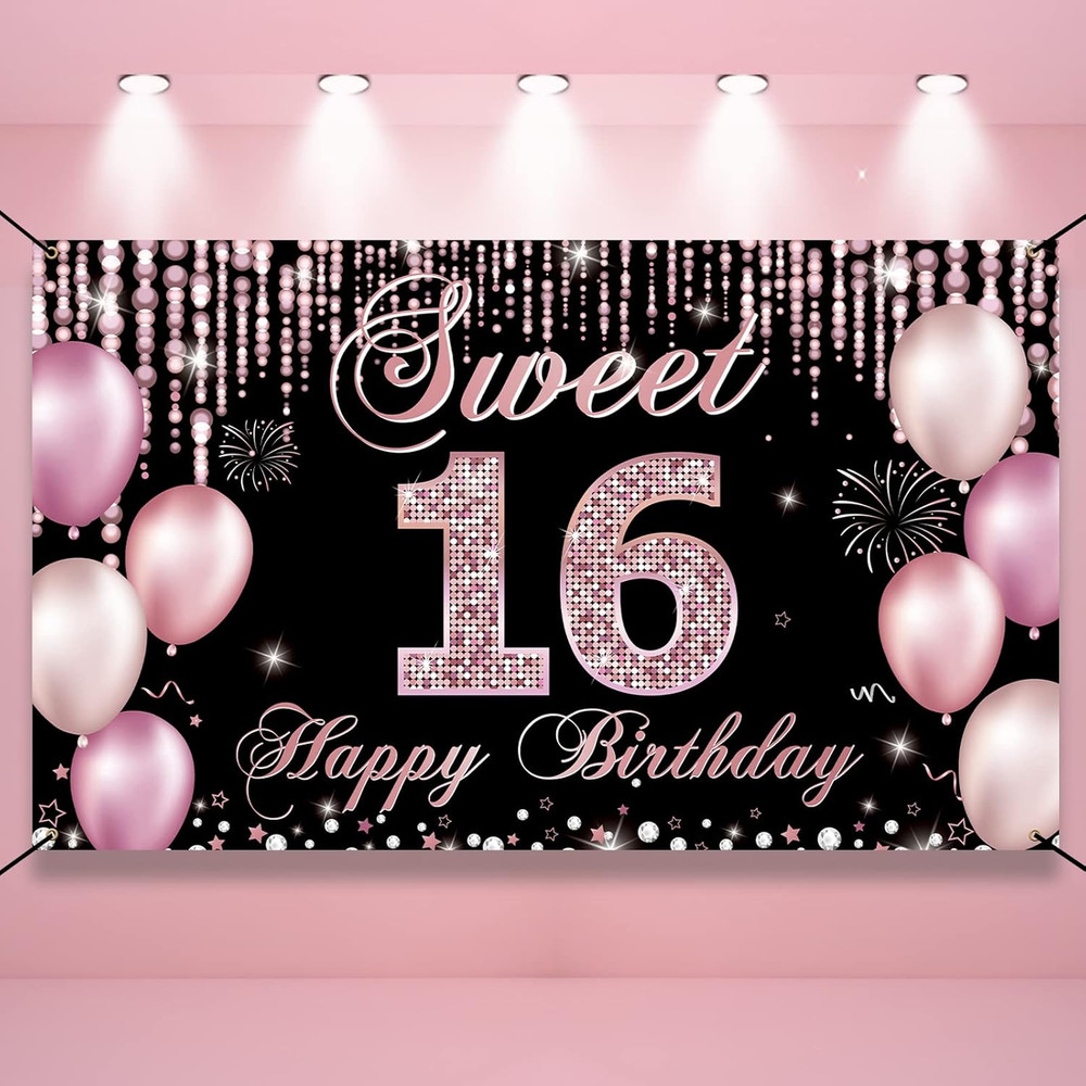 Sweet 16 Birthday Decorations, Happy 16th Birthday Banner Backdrop for Girls, Pi