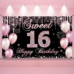 Sweet 16 Birthday Decorations, Happy 16th Birthday Banner Backdrop for Girls, Pi