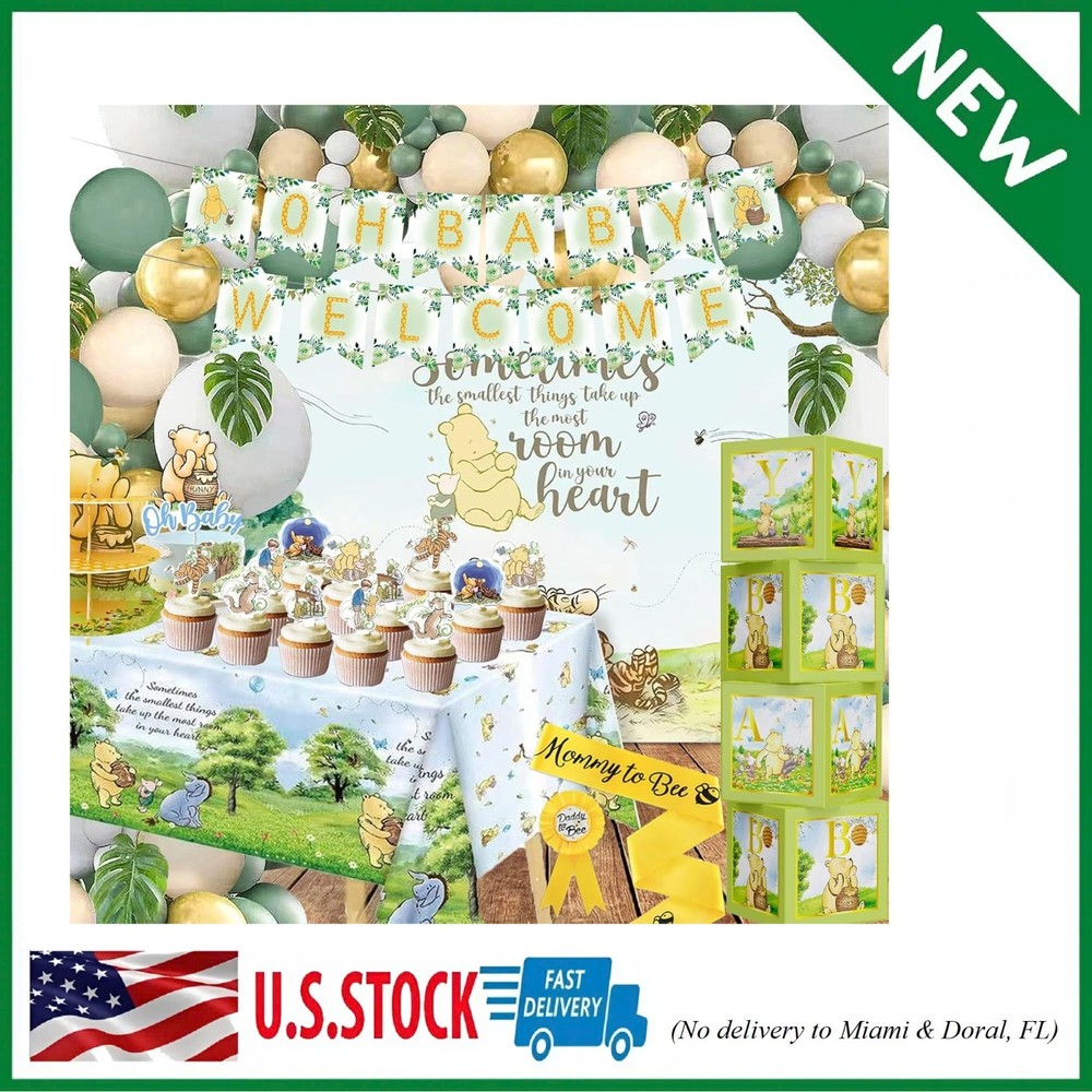 132pcs Classic Winnie Baby Shower Decorations Kit, All-in-1 Green, Yellow