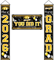 Black and Gold Graduation Decorations Class of 2026 Congrats Grad Banner Grad Po