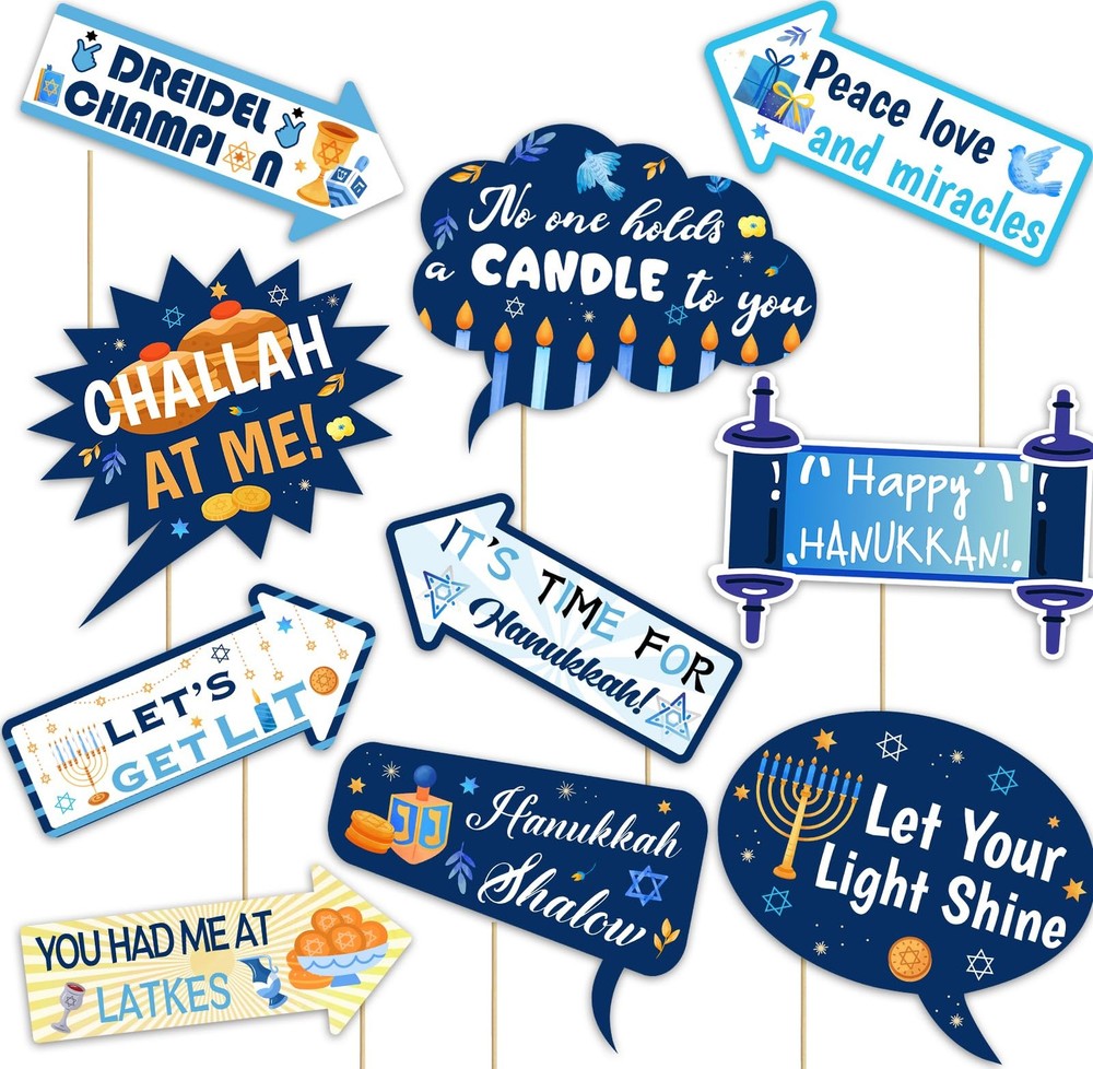 Hanukkah Photo Booth Props Set 10-Piece Blue Jewish Party Decorations Funny