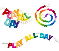 Pre-Strung Rainbow Play All Day Felt Banner Reusable Wall Sign Play All Day W…