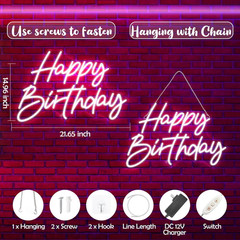 Large Happy Birthday Neon Sign – LED Light for Party Backdrop 21.65″x14.96