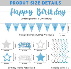 Sky Blue Silver Birthday Decorations for Boys Girls, Happy Birthday Banner for M