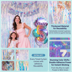 Iridescent Party Decorations Backdrop 2 Pack, Holographic Foil Fringe Curtain, S