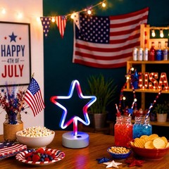 2 Pack Patriotic LED Neon Star Lights – Battery/USB Powered Red White Blue Decor