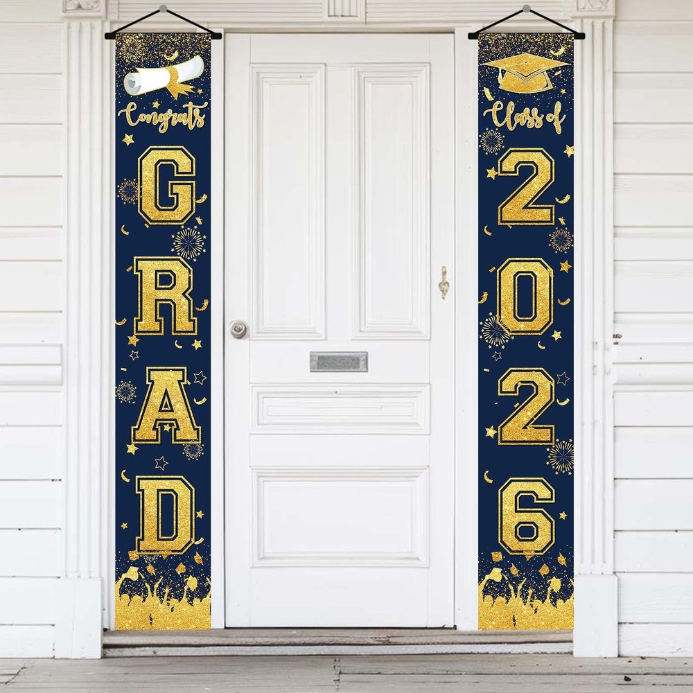 Navy Blue and Gold Graduation Decorations Class of 2026 Hanging Grad Banner -…