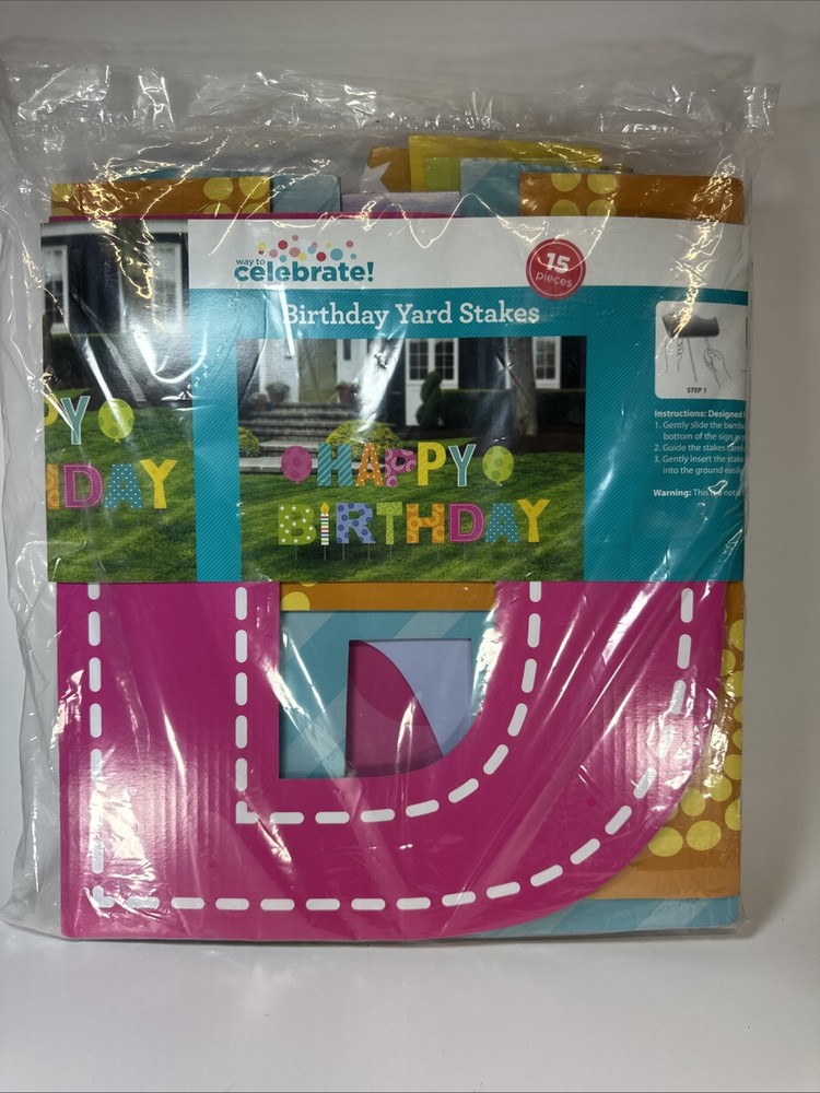 Happy Birthday Yard Sign Stakes 16” Big Letters 15 Pieces Celebration