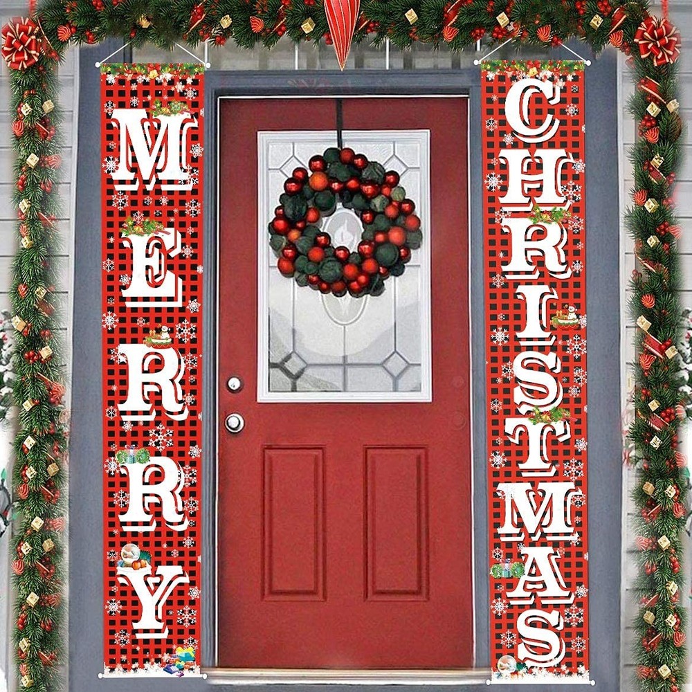 FECEDY Merry Christmas Hanging Banner Porch 72×12 Inch (Pack of 2), Red White