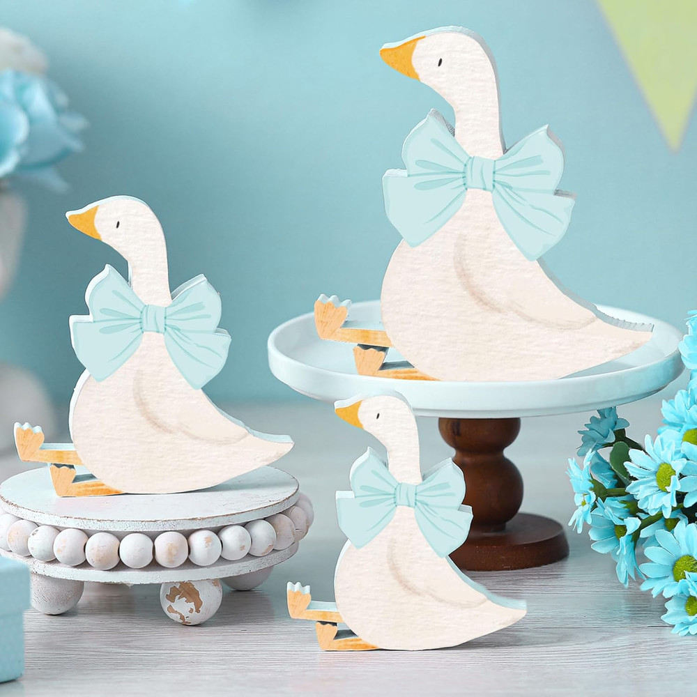 3 Pcs Silly Goose Birthday Party Decoration Blue Bow Wooden Silly Goose Decor Fu