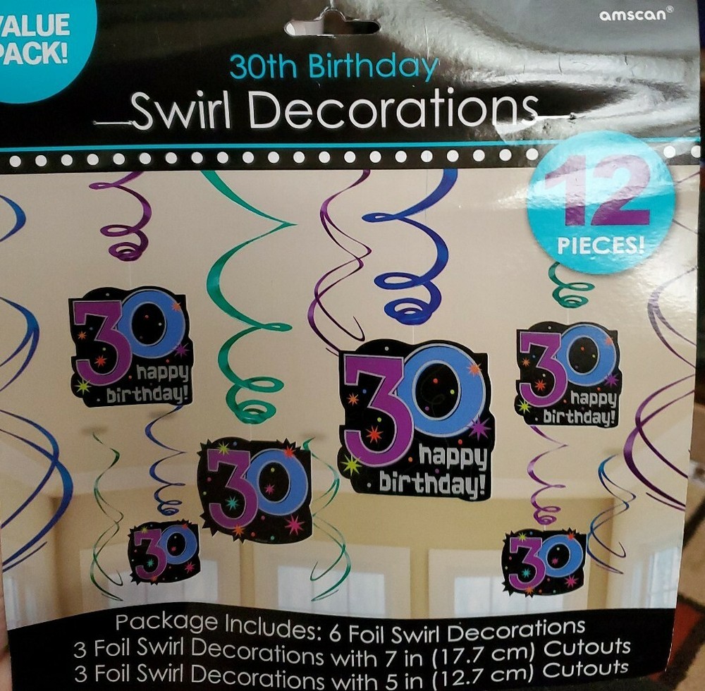 30th BIRTHDAY PARTY – FOIL SWIRL DECORATIONS – 12 PC SET – NEW in Package!