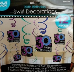 30th BIRTHDAY PARTY – FOIL SWIRL DECORATIONS – 12 PC SET – NEW in Package!