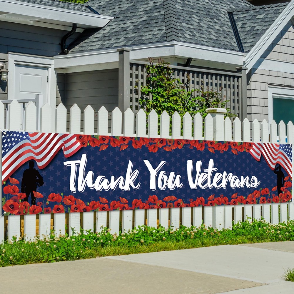 Veterans Day Decorations Thank You Veterans Banner for Fence Yard Lawn Red White