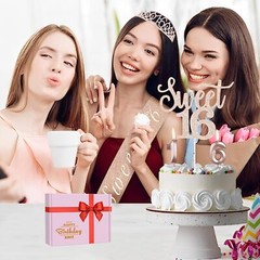 Sweet 16 Birthday Party Kit Decorations Sash Tiara Balloons Cake Topper