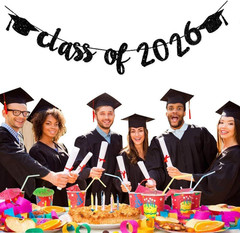 Class of 2026 Graduation Banners Party Decorations, Black Glitter Graduation Ban