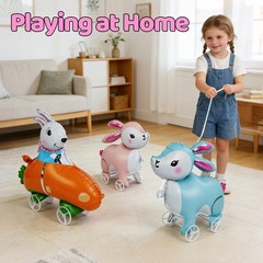 3Pcs Easter Walking Bunny Balloons With Wheels for , Pull Along Walking Bunny…