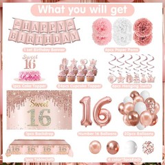 Sweet 16 Party Decorations Include 16 Banner Backdrop Rose Gold, Pink