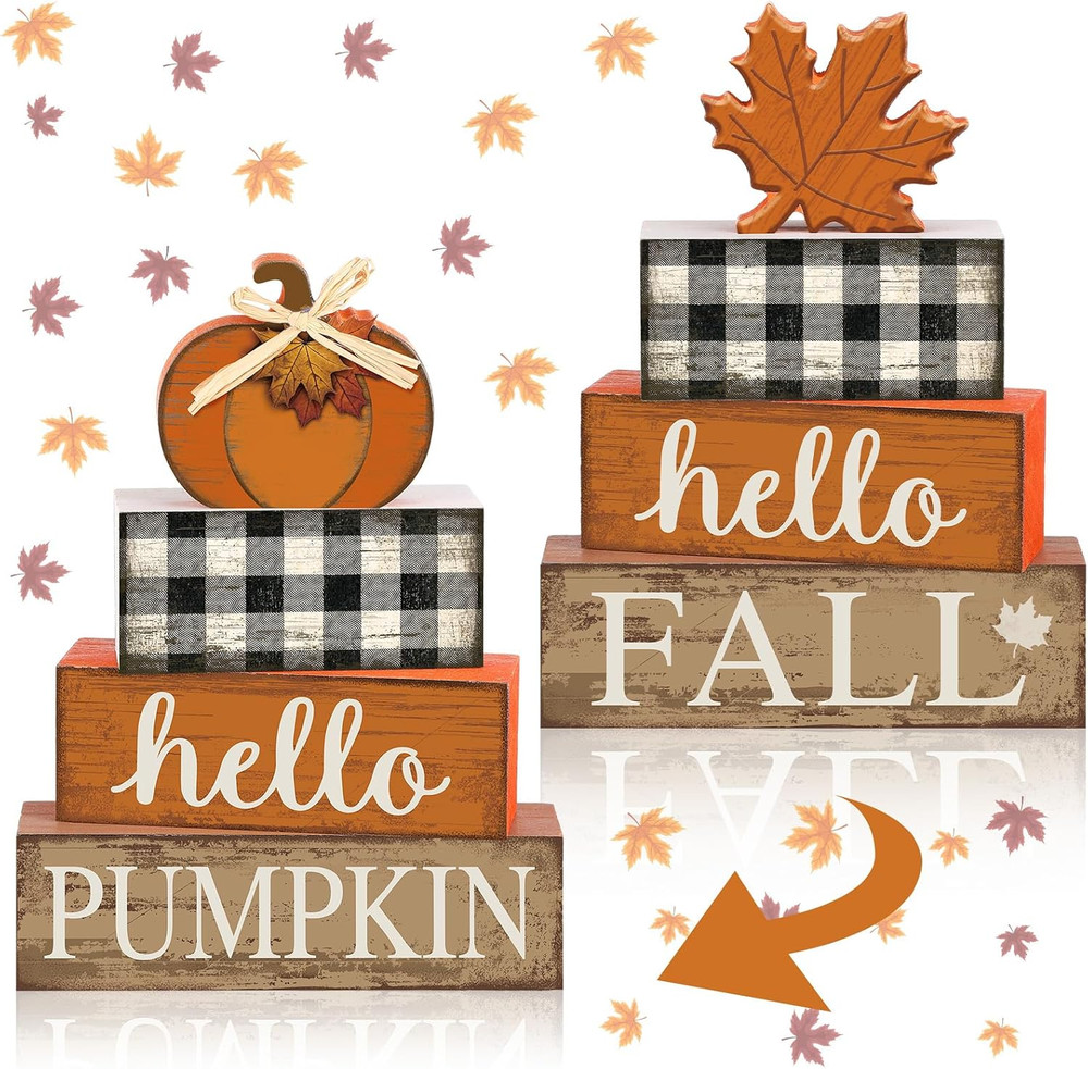 Hello Fall Decorations Maple Leaves Pumpkin Reversible Wooden Sign Tabletop 5Pcs