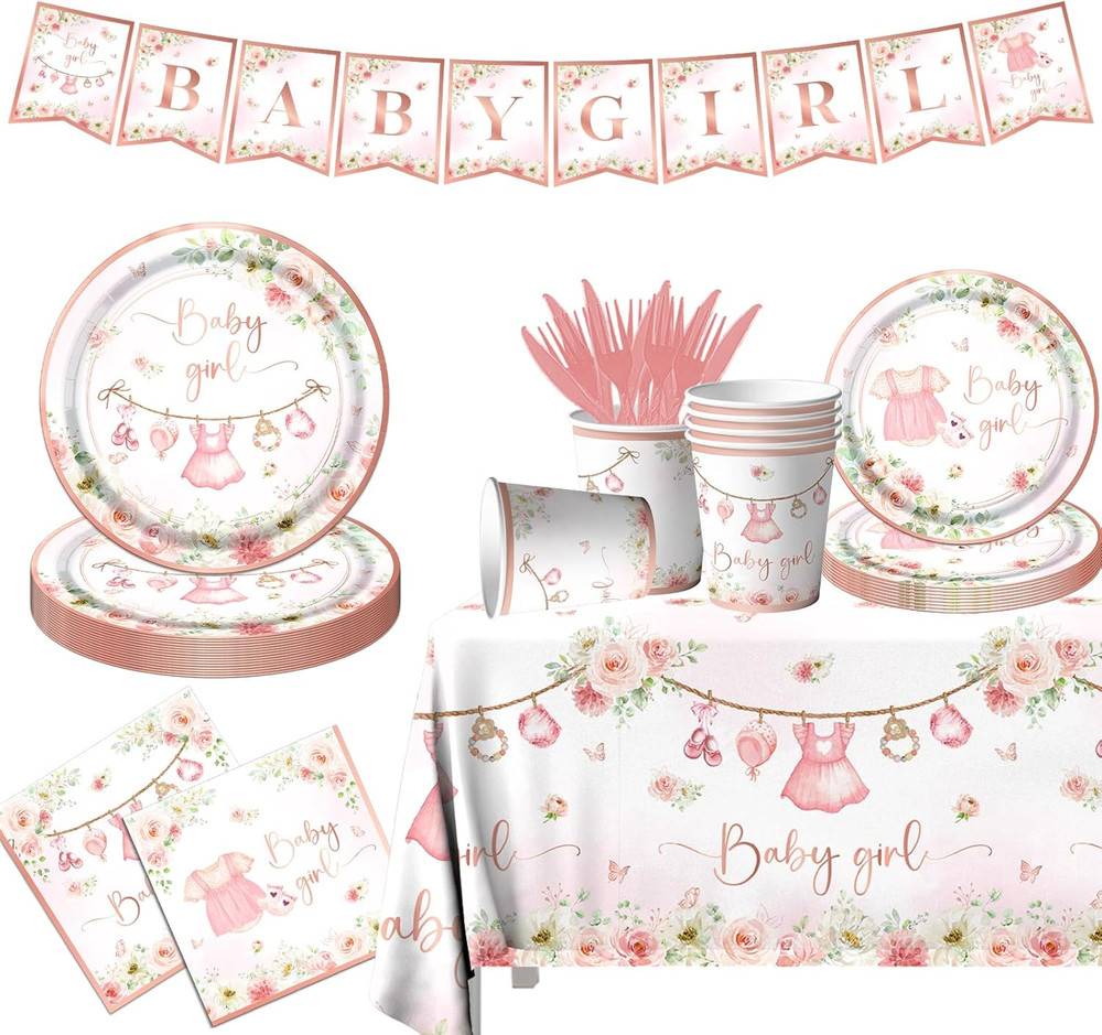 Rose Gold Baby Shower Tableware Set,Pink Girl Baby Shower Plates and Napkins Set
