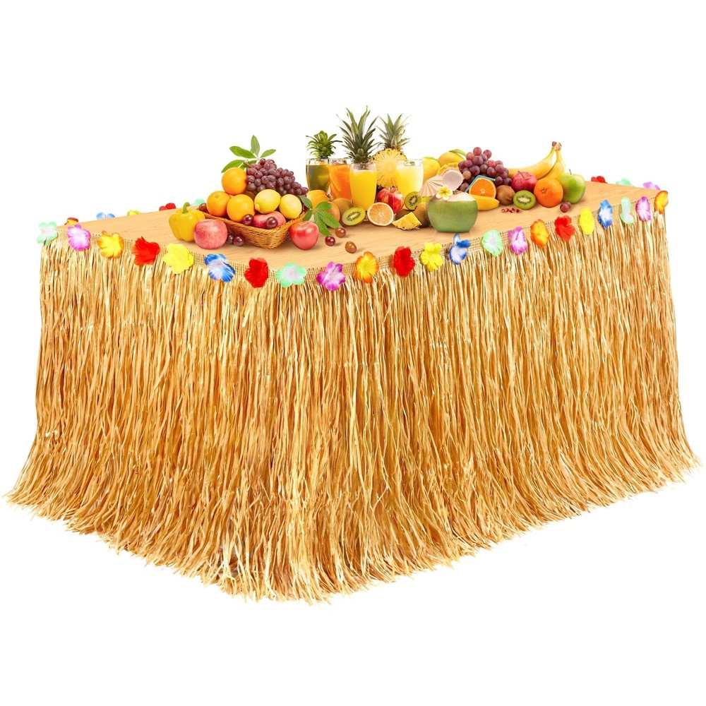 Luau Grass Table Skirt 9 Feet x 29.5 Inch Hawaiian Grass Table Skirt with Flo…