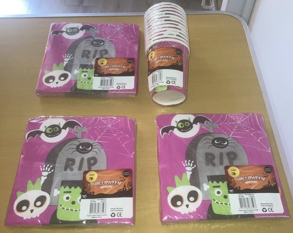 ICELAND LIMITED EDITION HALLOWEEN PINK SPOOKY GHOST PARTY CUPS & 3 X NAPKINS NEW
