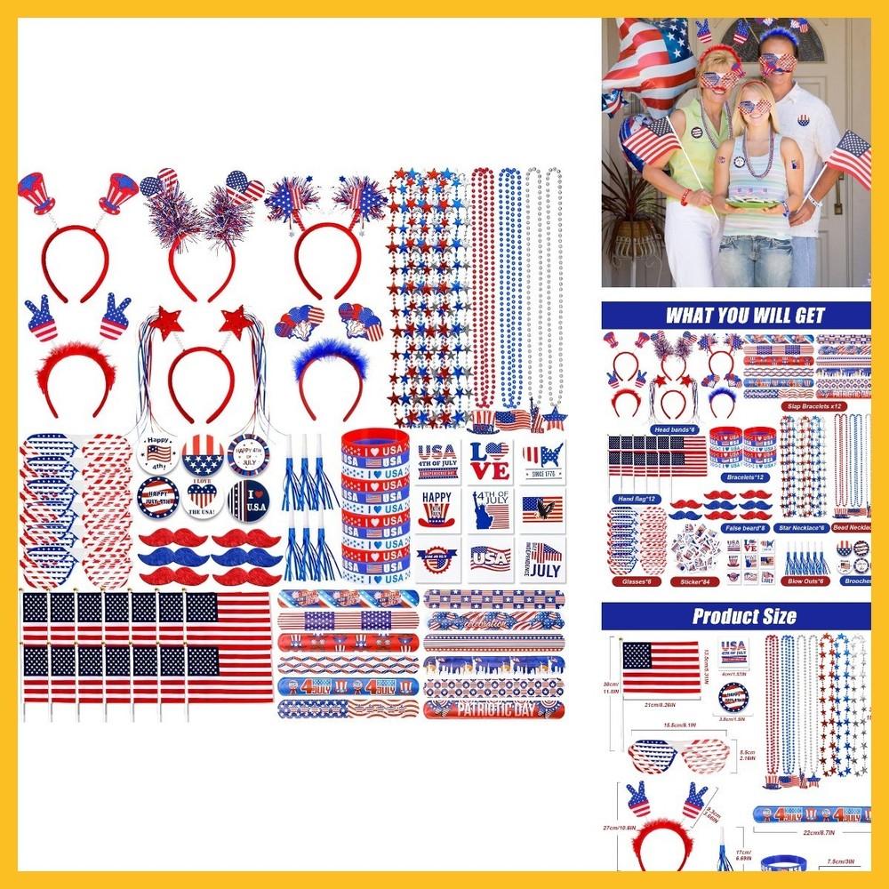 4th of July Accessories Bulk Party Supplies, 164Pcs Patriotic Party Favors Set f