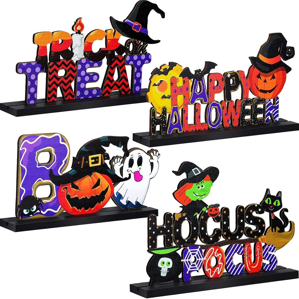 4 Pieces Happy Halloween Wooden Centerpiece Signs Table Multicolor