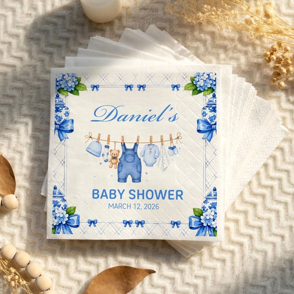 Personalized Baby Shower Napkins Blue Toile Boy Party Decor SATTNA0714