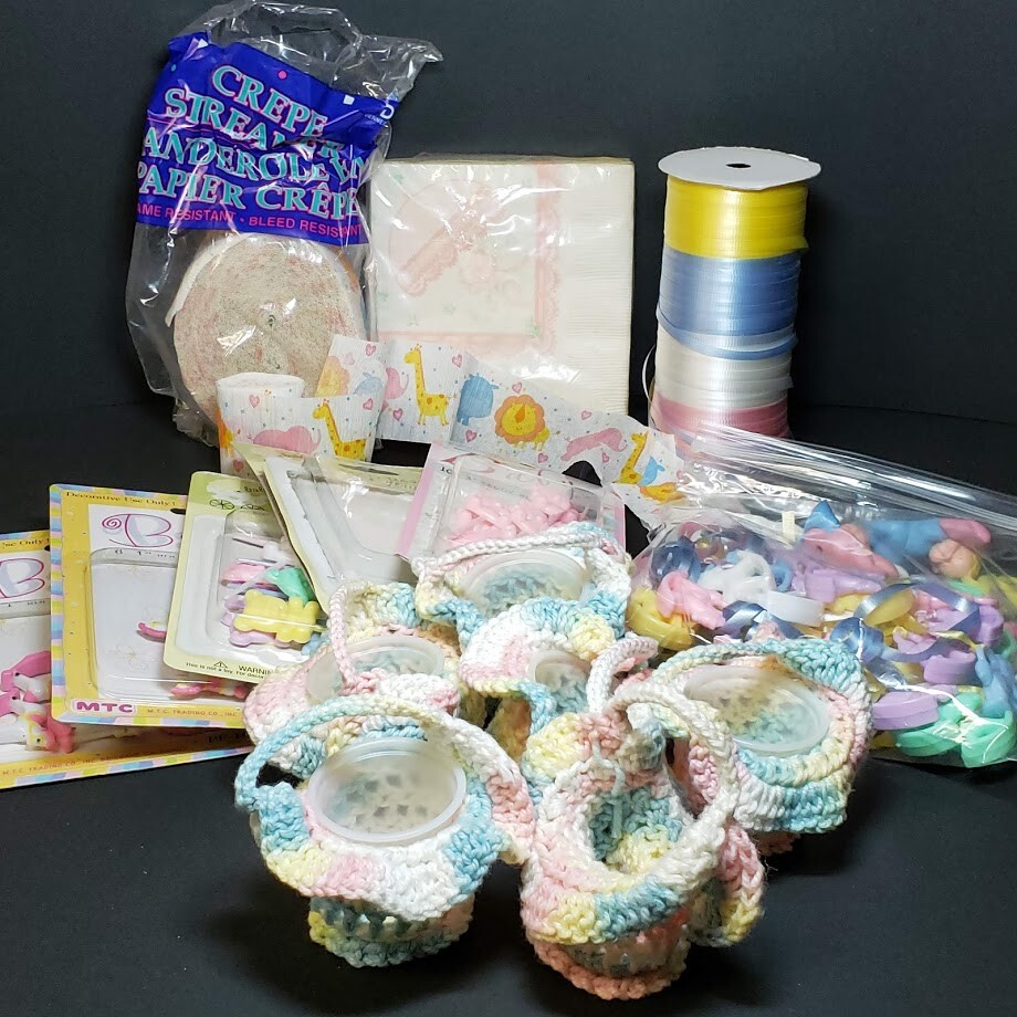 Vintage Baby Shower Decorations Pink Blue Yellow Picks Favors Crochet Baskets +