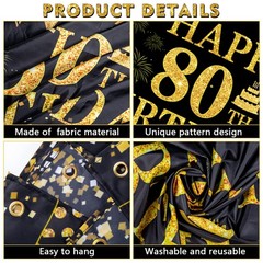 80th Decorations for Men – Happy 80th Banners Decorations Black Gold 80 Years…