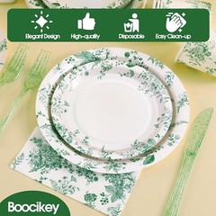 Green Floral Disposable Party Tableware Set (Plates, Cups, Napkins, Utensils)
