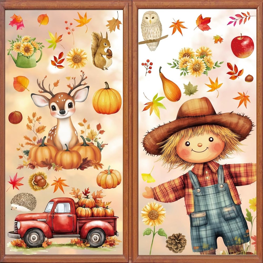 Fall Window Clings, 9 Sheets 99 Pcs Autumn Scarecrow Woodland