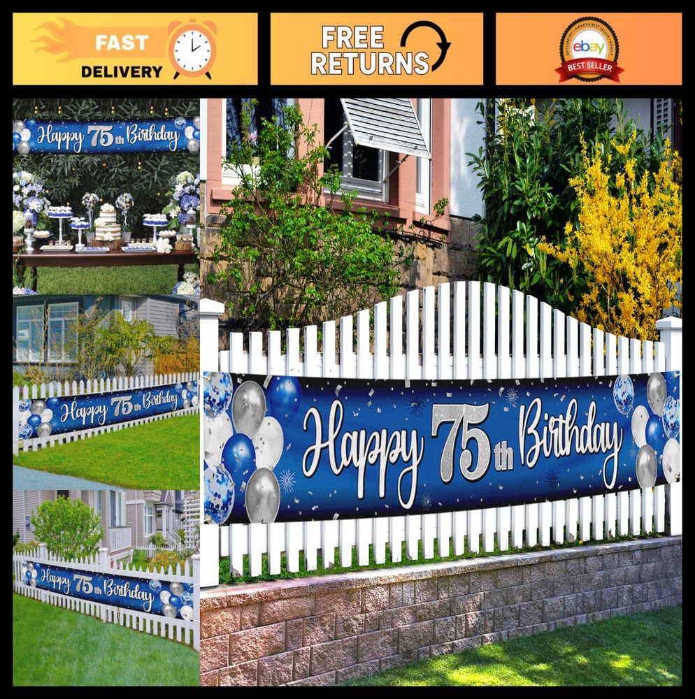 75th Birthday Decorations – Blue & Silver Balloon Backdrop Banner, Party Supplie
