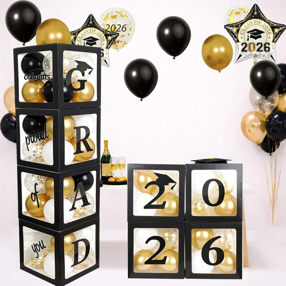 Grad Balloon Boxes for Balloon Arch Kit Black Gold Graduation Decorations 2026 P