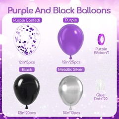 60pcs Purple and Black Balloons 12inch, Purple and Silver Balloon with Metall…