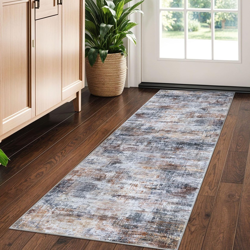 IOHOUZE Abstract Runner Rug 2×5 Ft 2′ x 5′ (Runner), Orange/Brown/Grey
