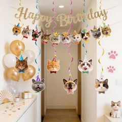 Cat Happy Banner Pre-Strung Cat Party Decorations NO DIY Gold Glitter Happy S…