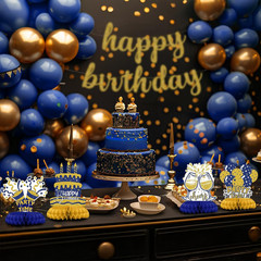Blue and Gold Birthday Decorations – 12Pcs Honeycomb Table Centerpieces, Elegant