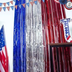 4th of July Decorations, 3 Pack Red White and Blue Metallic Foil Fringe Curta…