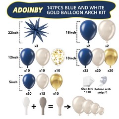 Navy Blue Gold White Balloon Arch Kit, Double Pearl Sand White Royal Dark Blu…