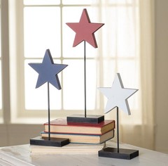 3-PC Red White Blue Wood 5.25″ Stars on Metal Tabletop Pedestals 10″-14″H #035